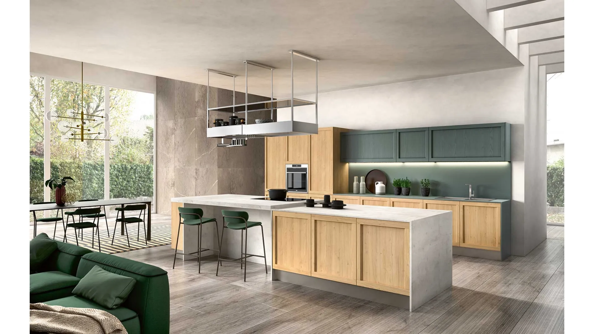 Cucina Moderna con isola Class 01 in legno finitura Rovere nodato e laccato Verde lago di GM Cucine