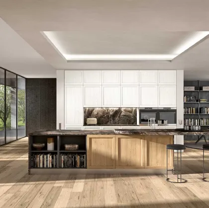 Cucina Moderna con isola Class 05 in legno finitura Rovere nodato e laccato Bianco calce di GM Cucine