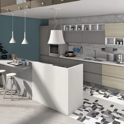 Cucina Moderna con penisola Jey Feel 10 in melaminico Grigio Antracite e Rovere Diamond di Creo