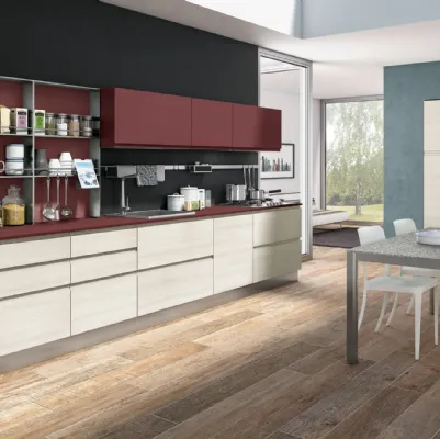 Cucina Moderna ad angolo Jey Feel 11 finitura Rovere Diamond e Rosso Cardinale di Creo