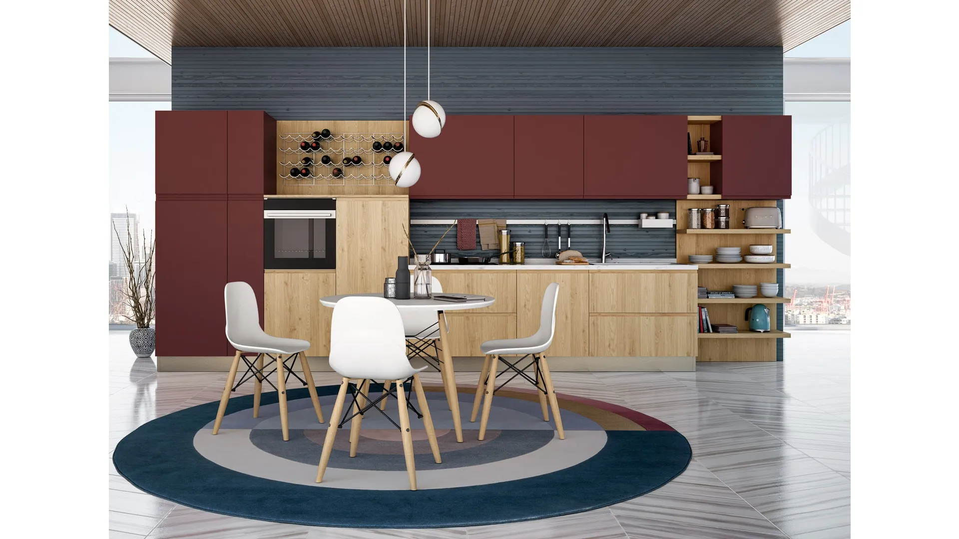 Cucina Moderna lineare Jey Feel 06 Rovere Ortisei e Rosso Cardinale di Creo