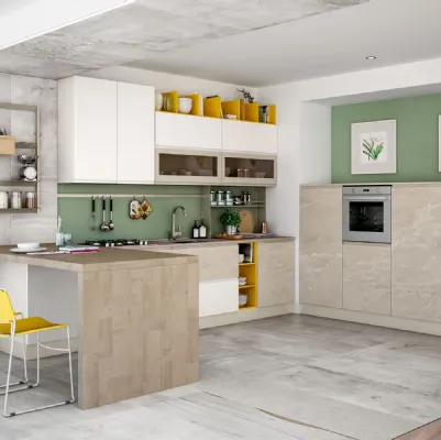 Cucina Moderna con penisola Jey Feel 09 finitura opaca marmorizzata Trani e Bianco opaco di Creo