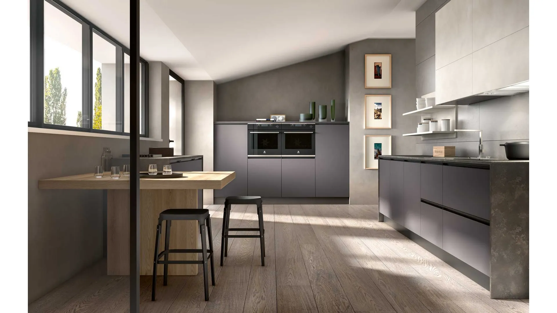 Cucina Moderna con penisola Joy 04 in melaminico Grafite e laminato Rovere chiaro di GM Cucine