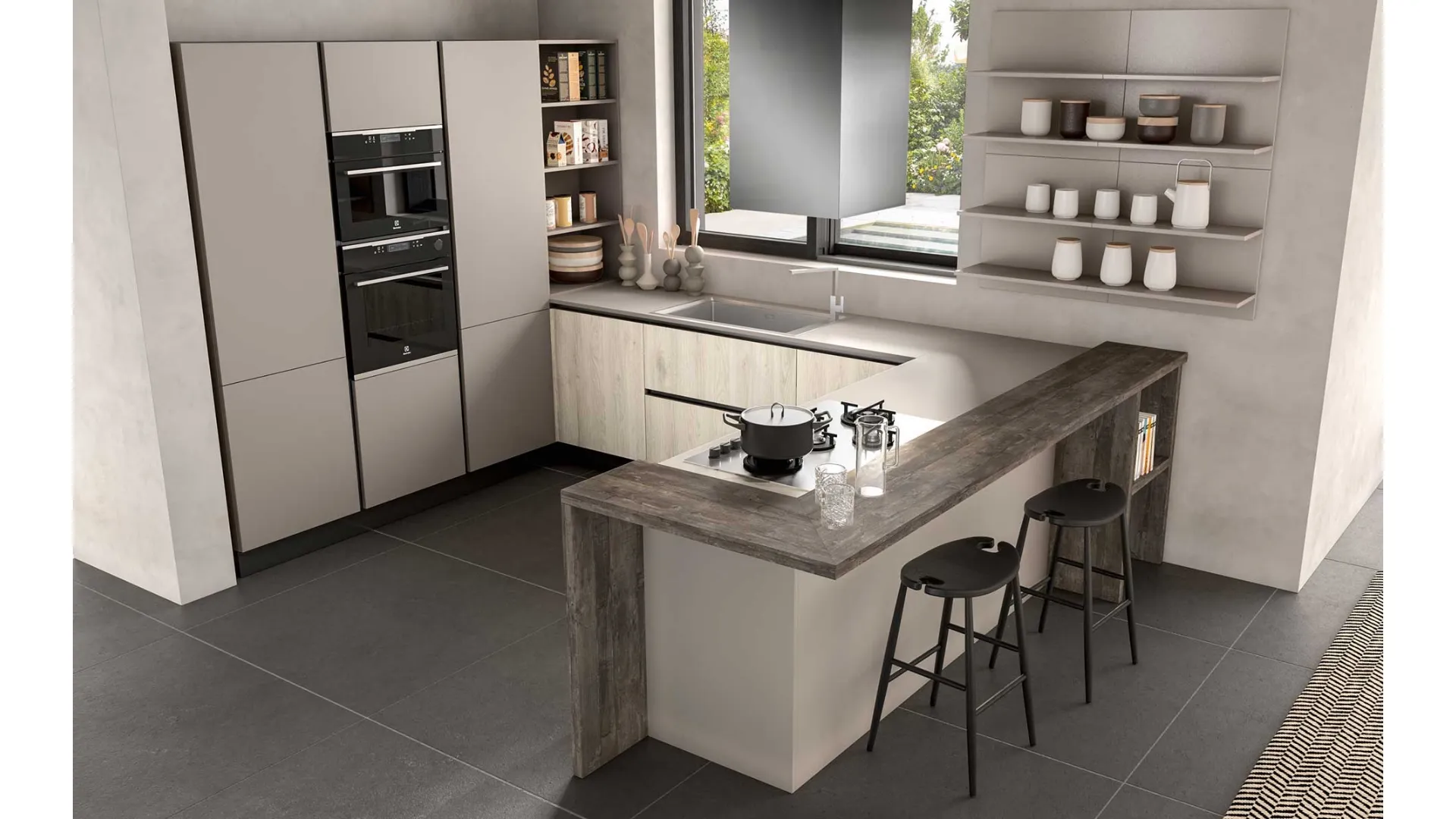 Cucina Moderna con penisola Joy 06 in melaminico Argilla e Rovere chiaro di GM Cucine