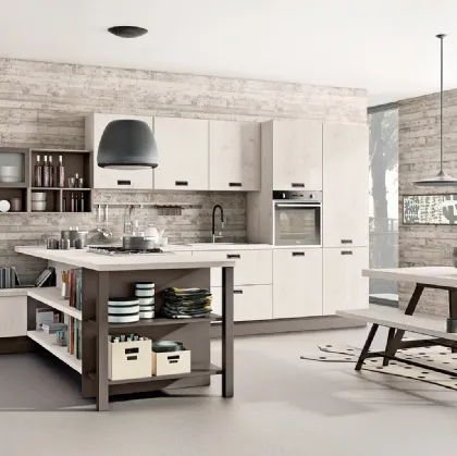 Cucina Moderna con penisola Kyra 05 in melaminico Abete Nordico Bianco di Creo