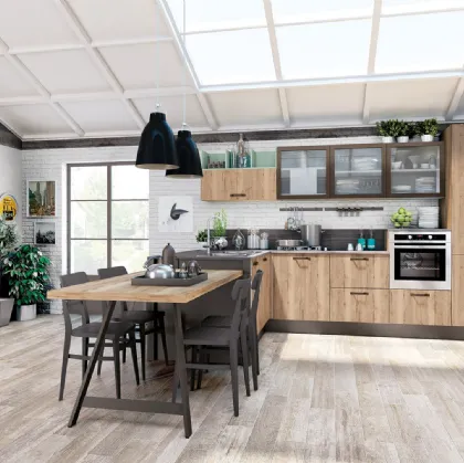 Cucina Moderna con penisola Kyra 08 in melaminico Rovere Vintage Naturale e laccato Peltro di Creo