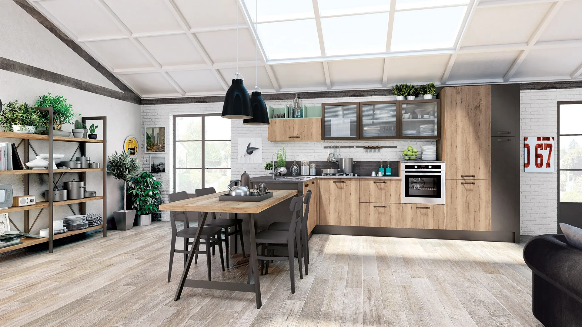 Cucina Moderna con penisola Kyra 08 in melaminico Rovere Vintage Naturale e laccato Peltro di Creo