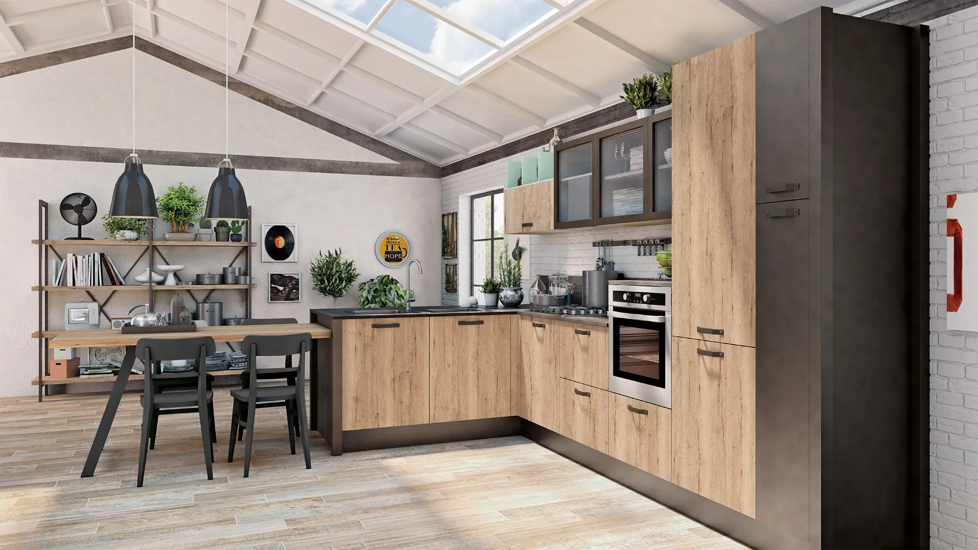 Cucina Moderna con penisola Kyra 08 in melaminico Rovere Vintage Naturale e laccato Peltro di Creo