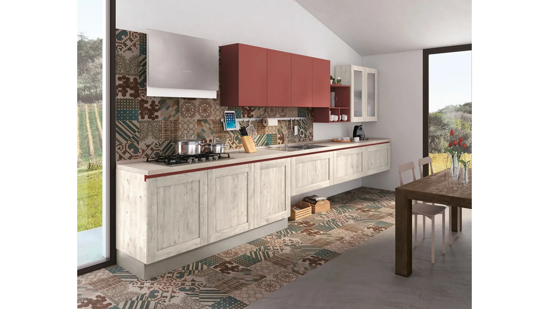 Cucina Moderna ad angolo Kyra Telaio 02 finitura Abete nordico e laccato di Creo