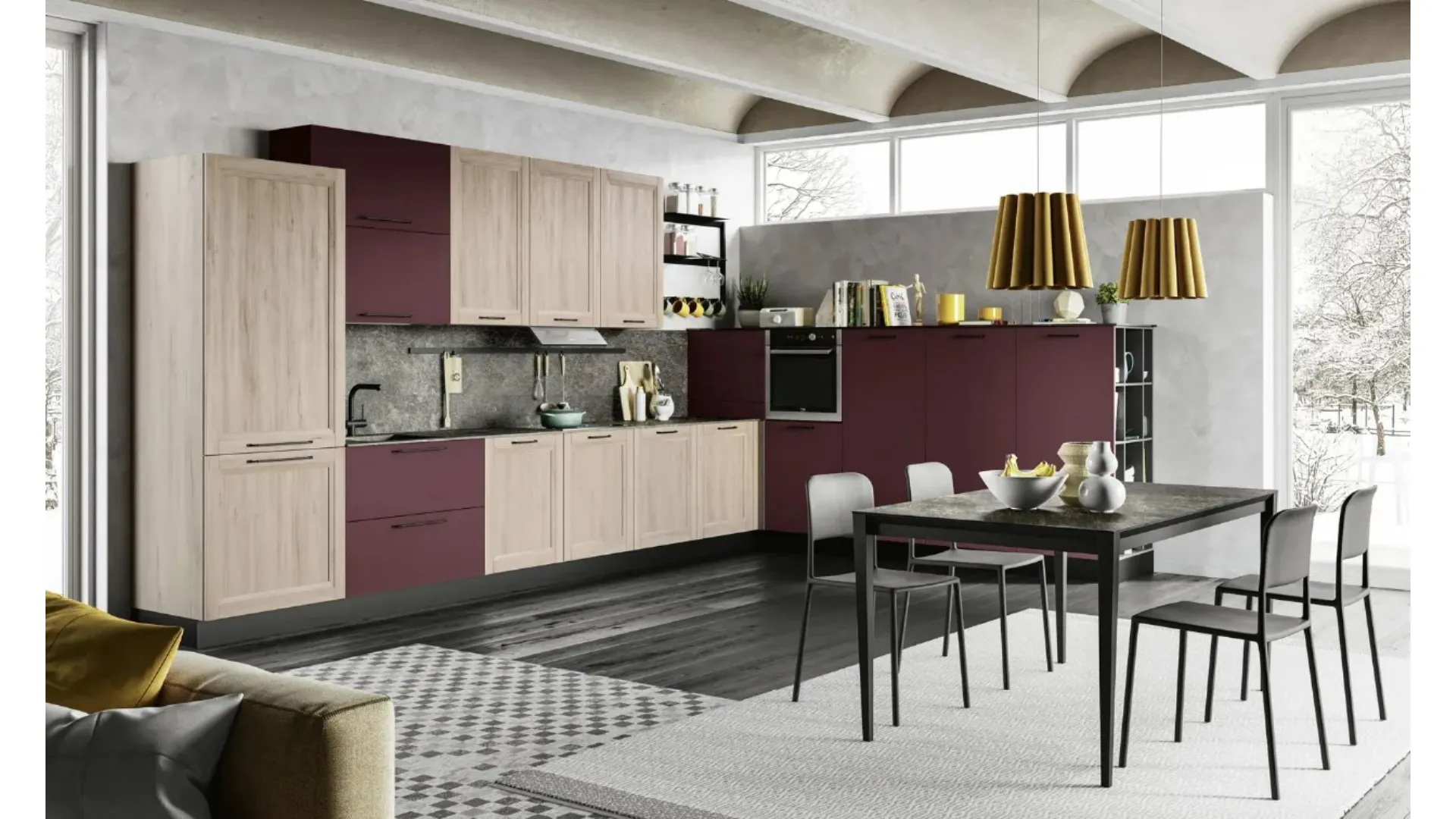 Cucina angolare Smart 02 finitura Betulla e Rosso di Creo