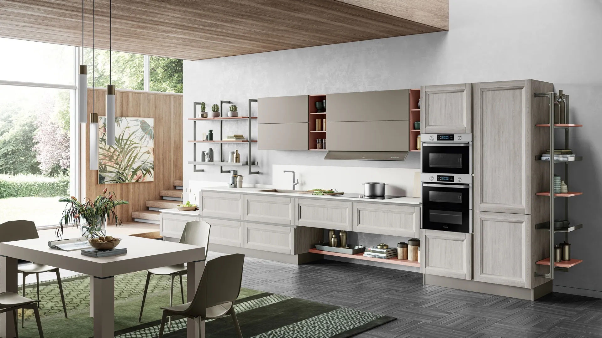 Cucina Moderna lineare Smart 05 finitura Rovere Greige e Arena Softmatt di Creo