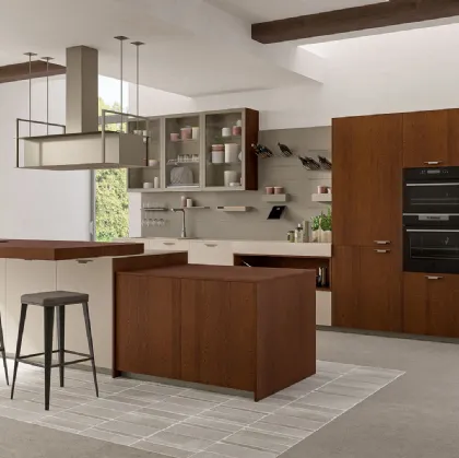 Cucina Moderna con isola Tablet Wood 02 in Rovere moscato e laccato opaco Polvere di Creo