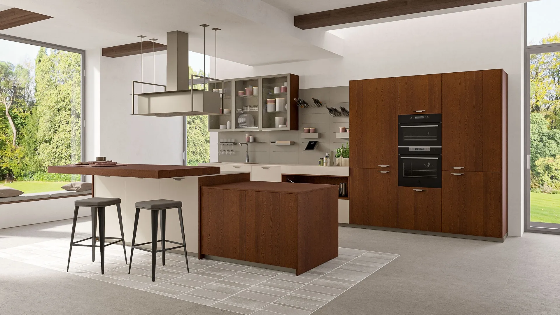 Cucina Moderna con isola Tablet Wood 02 in Rovere moscato e laccato opaco Polvere di Creo