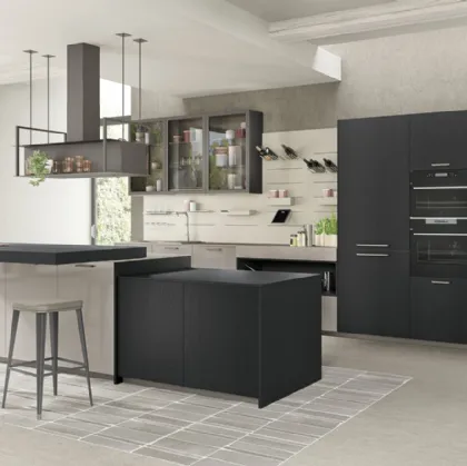 Cucina Moderna con isola Tablet Wood 01 in Rovere Nero e laccato lucido Ardesia di Creo