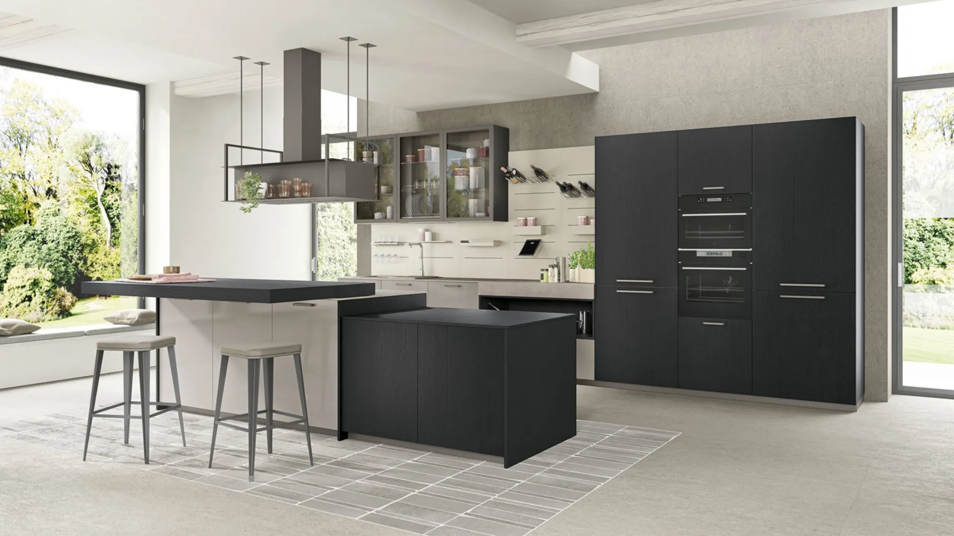 Cucina Moderna con isola Tablet Wood 01 in Rovere Nero e laccato lucido Ardesia di Creo