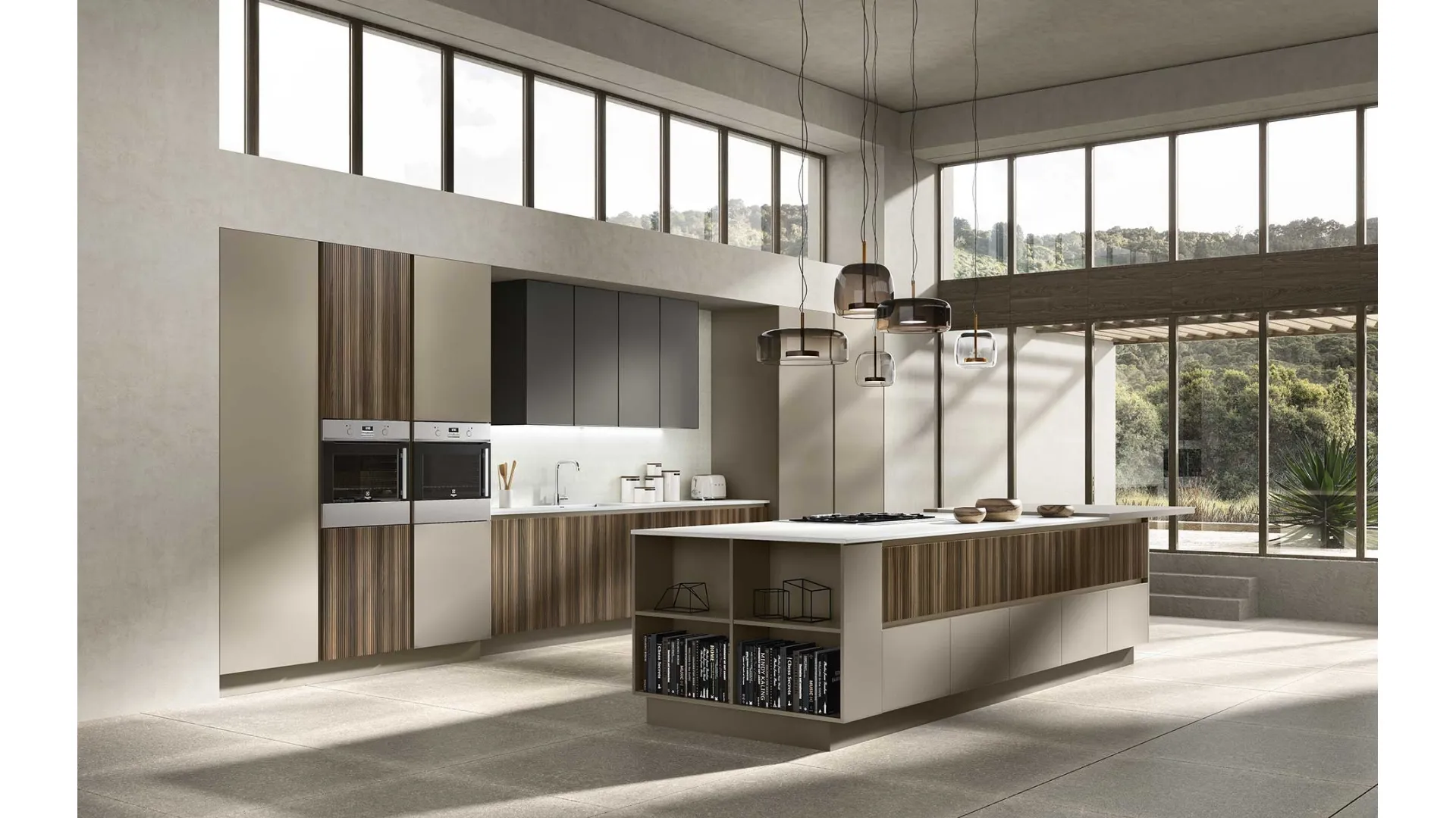 Cucina Moderna con isola Ventidue & XL 05 in laccato opaco Castoro e Cannetè Brown di GM Cucine