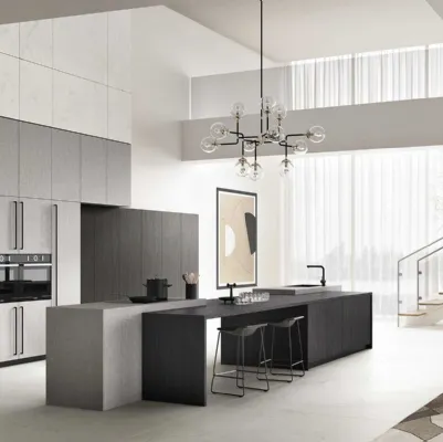 Cucina Moderna con isola Ventidue & XL 06 in materico Pietra Piasentina, Ossido Ferro e Rovere Nero di GM Cucine