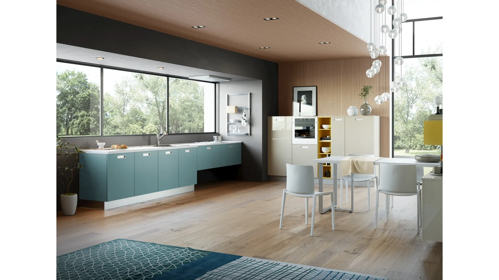 Cucina Moderna angolare Zoe 03 in laccato opaco Verde Fiordo e laccato lucido Sasso di Creo